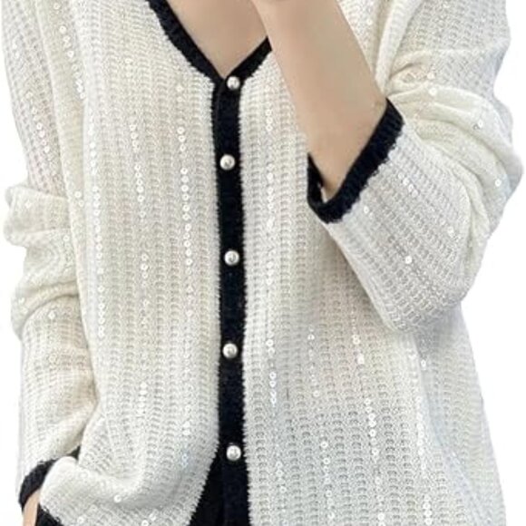 Knitted Cardigan V-Neck Hand-Crocheted Loose Long Sleeve with Sequin - Picture 1 of 5